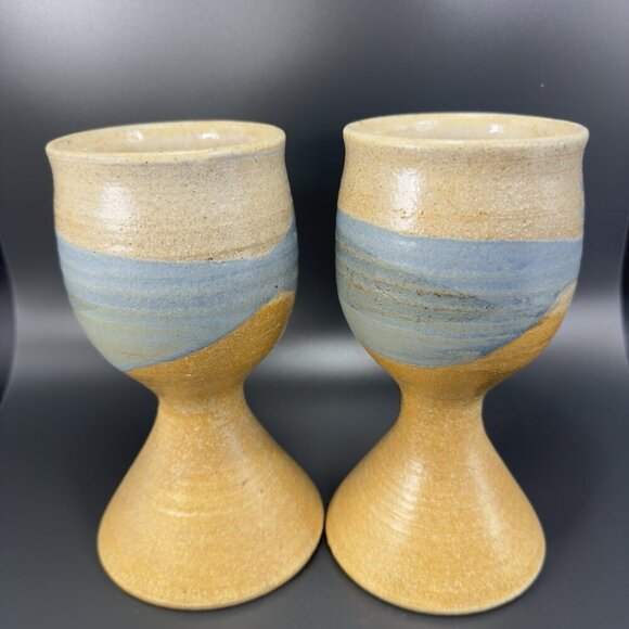 Vintage Large Footed Goblets Cups Set 2 Brown Stoneware Pottery Artist Signed - Picture 14 of 14